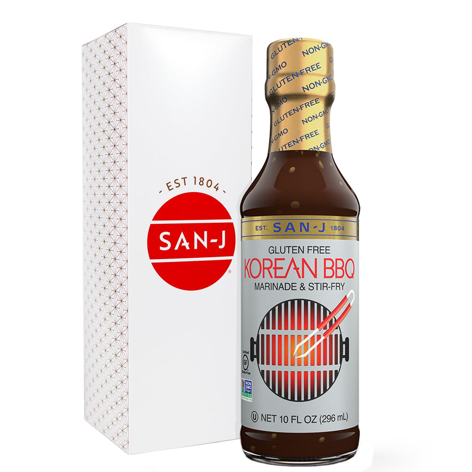 San-J Gluten Free Korean BBQ Sauce bottle for grilling and marinades.