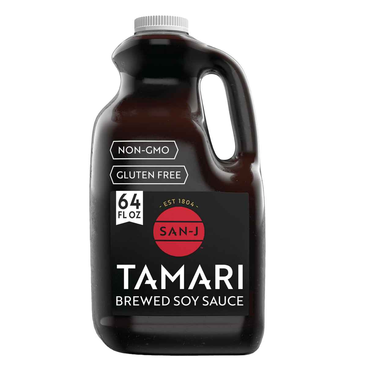 San-J Gluten Free Tamari bottle front view highlights gluten-free soy sauce.
