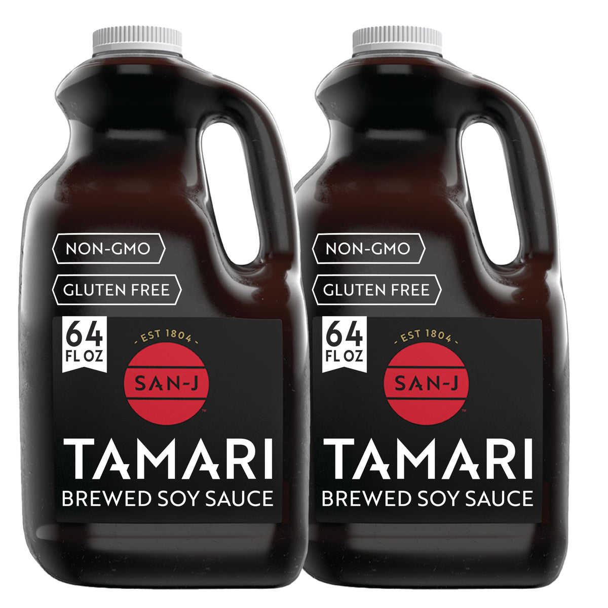 San-J gluten-free Tamari bottle pouring, rich umami for versatile meals.