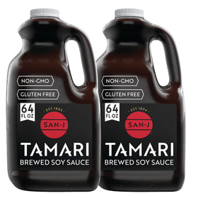 San-J gluten-free Tamari bottle pouring, rich umami for versatile meals.