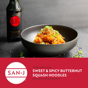 Close-up of San-J Tamari label emphasizes simple ingredients.