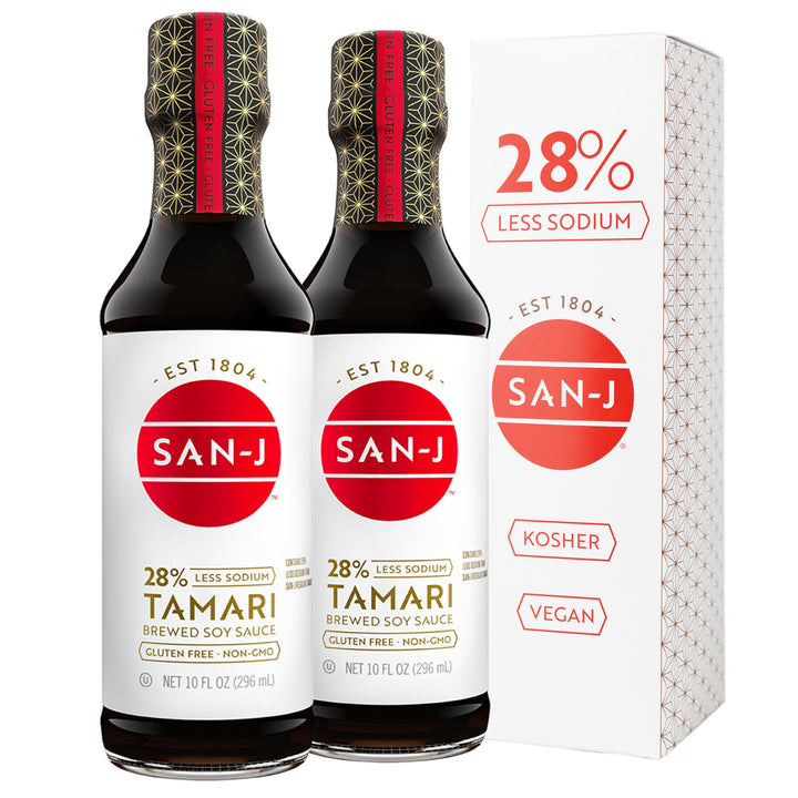 San-J gluten-free tamari bottle pouring for richer, lower-sodium flavor