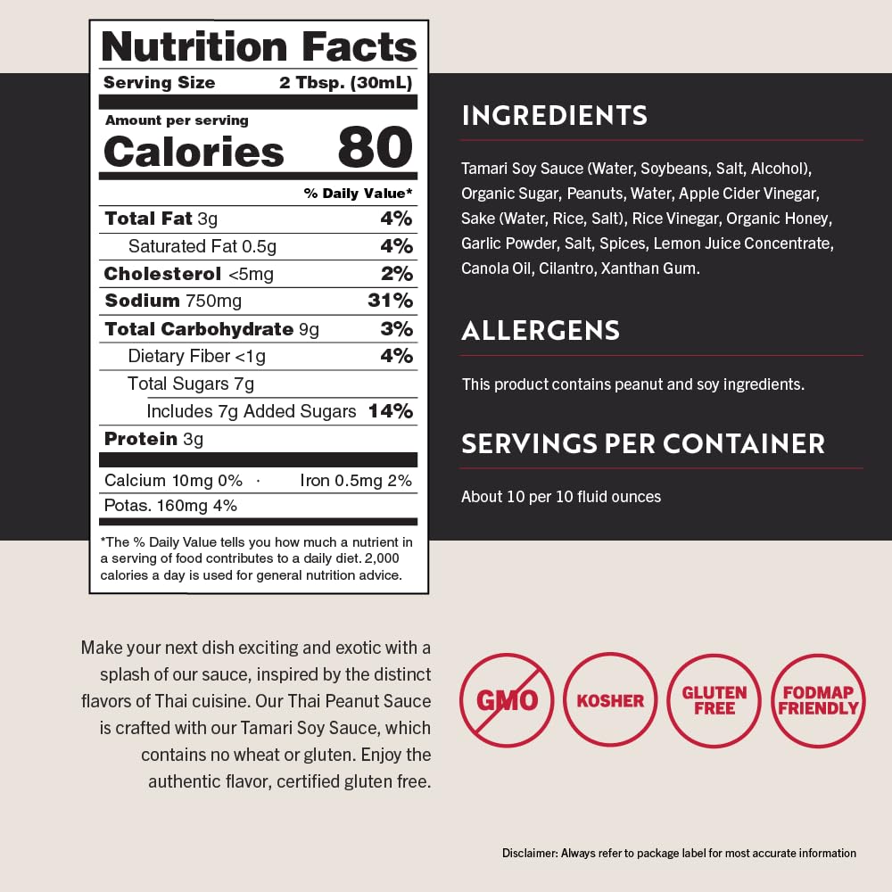 San-J gluten-free Thai Peanut Sauce glossy bottle highlights rich, savory-sweet notes for noodle dishes.