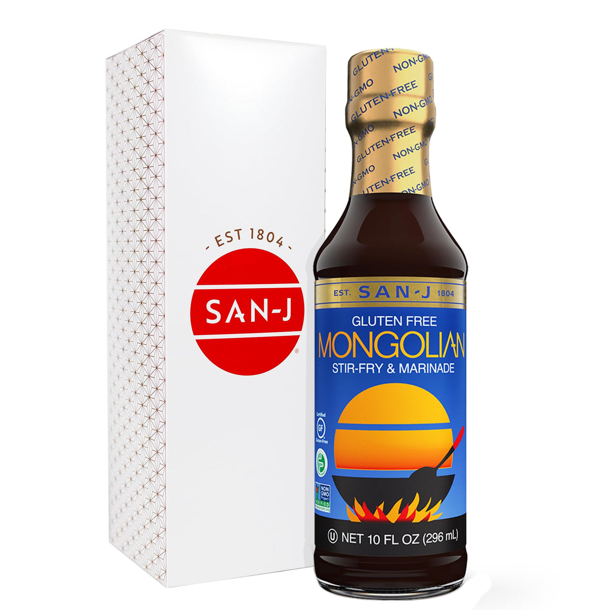 San-J Mongolian Sauce bottle close-up highlighting gluten-free sauce.
