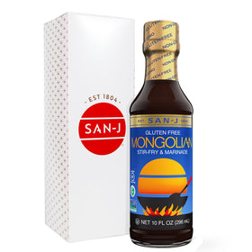 San-J Mongolian Sauce bottle close-up highlighting gluten-free sauce.