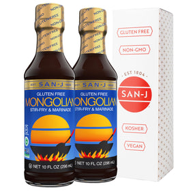 San-J Mongolian Sauce bottle from top view, ready for quick weeknight meals.