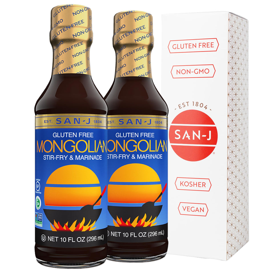 San-J Mongolian Sauce bottle from top view, ready for quick weeknight meals.