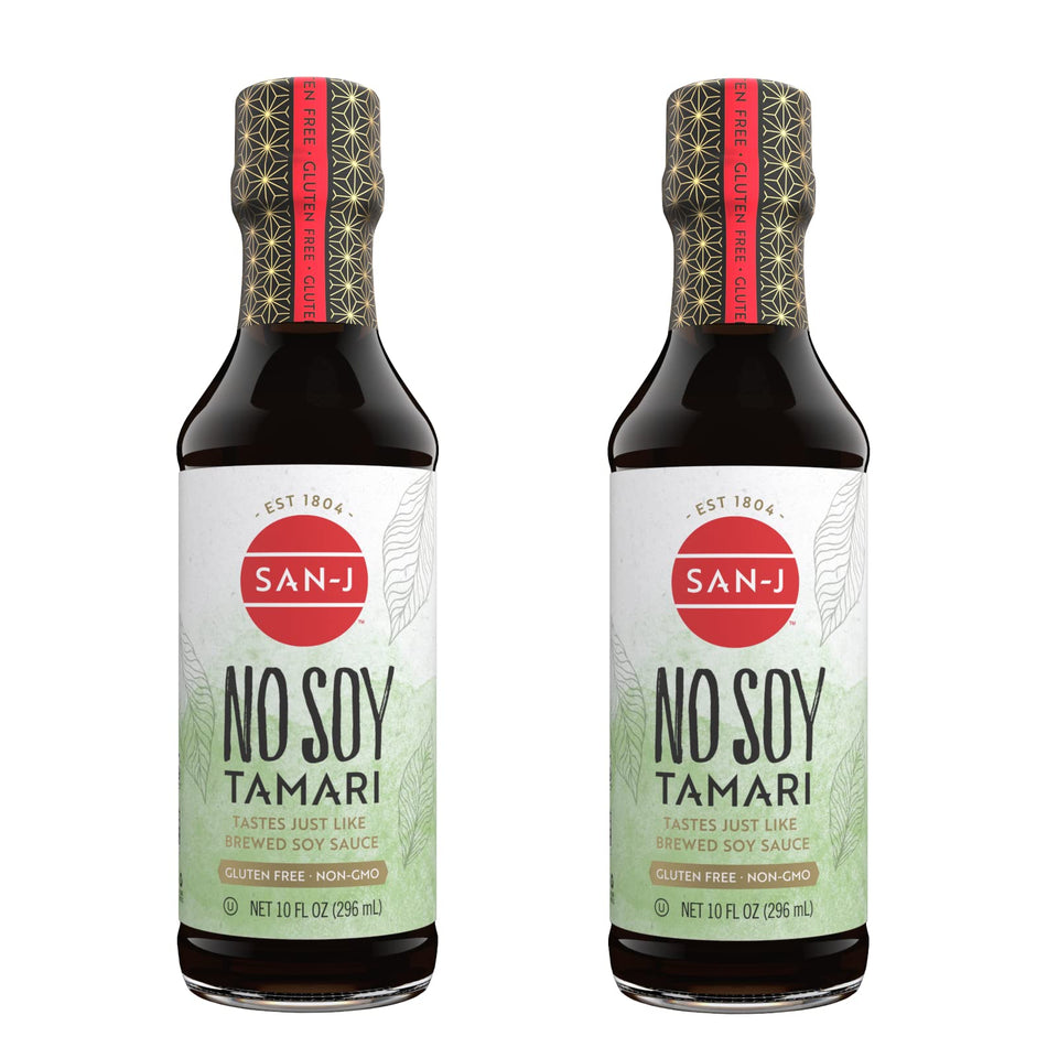 San-J No Soy Tamari bottle pour highlighting rich umami for cooking.