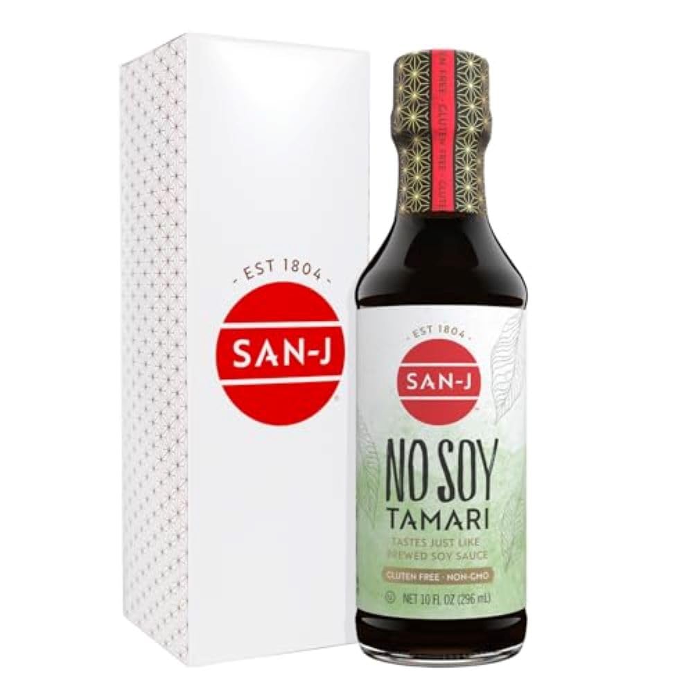 San-J No Soy Tamari bottle showing gluten-free vegan sauce option.