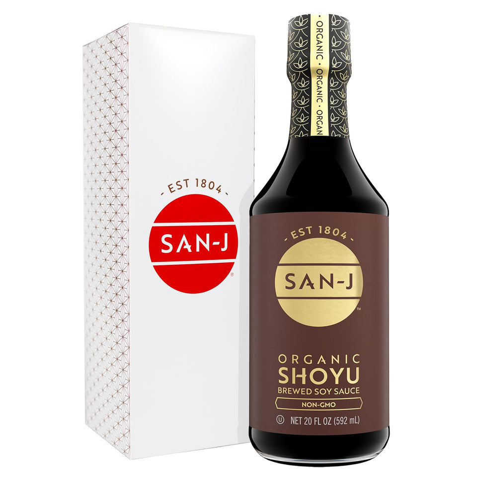 San-J Organic Shoyu bottle front view, ideal for authentic sushi dipping.