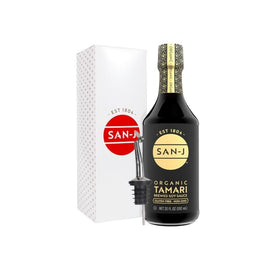 San-J Organic Tamari bottle ready for gourmet meals with rich umami