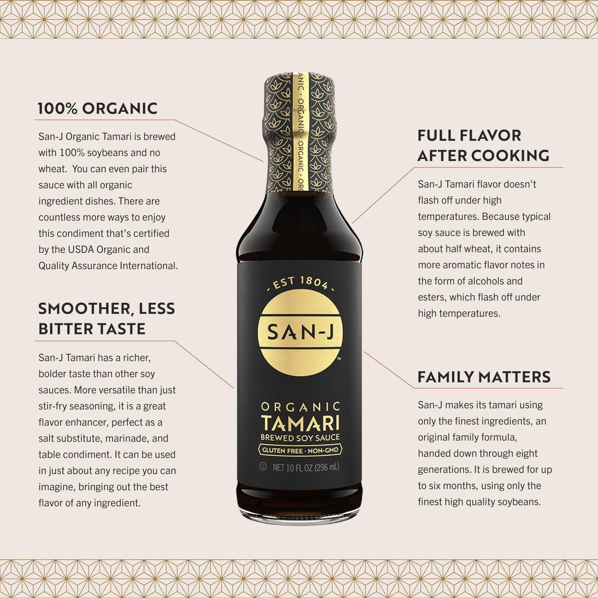 Close-up of the San-J Tamari label showing organic and gluten-free marks