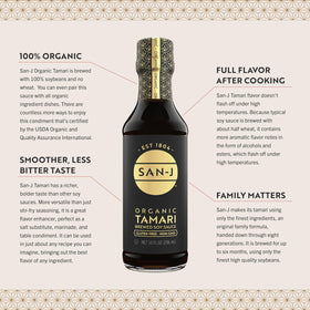 Close-up of the San-J Tamari label showing organic and gluten-free marks