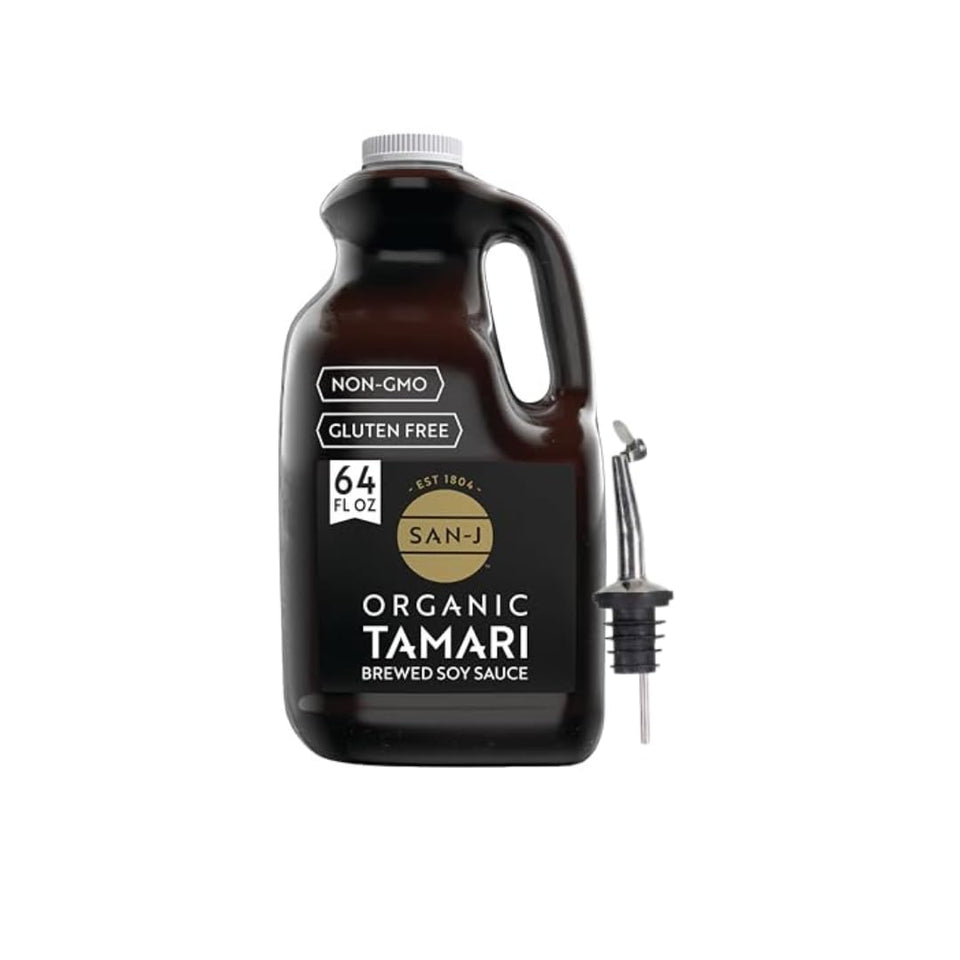 San-J tamari bottle front view highlighting organic gluten-free sauce for flavorful meals