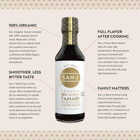 San-J Tamari bottle shows ingredients list; simple, non-GMO ingredients.