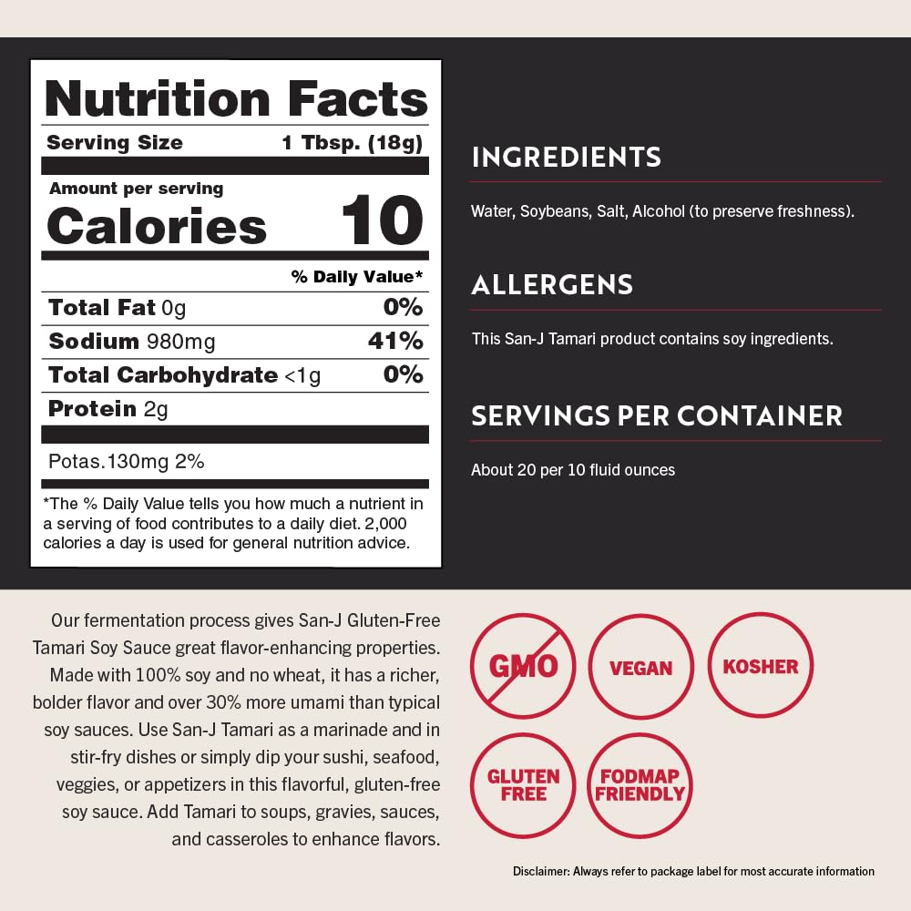 San-J Tamari gluten-free sauce label on bottle signals authentic quality.