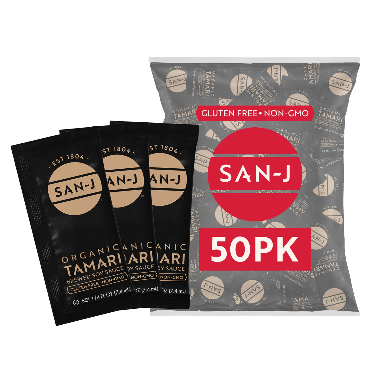 San-J Tamari packet closeup showing convenient on-the-go size for meals.