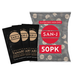 San-J Tamari packet closeup showing convenient on-the-go size for meals.