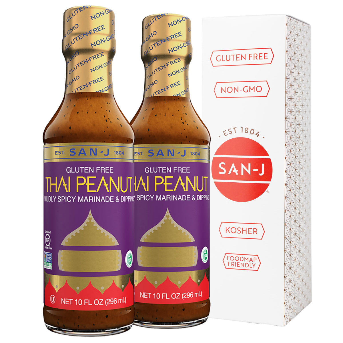 San-J gluten-free Thai Peanut Sauce bottle pour showcases gluten-free, versatile flavor for marinades.