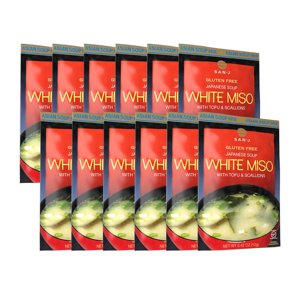 San-J White Miso Soup packets front view, ideal for quick meals.