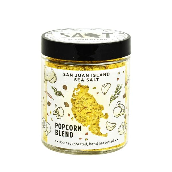 San Juan Island Sea Salt Popcorn Seasoning jar close-up highlighting savory blend for movie nights.
