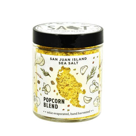 San Juan Island Sea Salt Popcorn Seasoning jar close-up highlighting savory blend for movie nights.