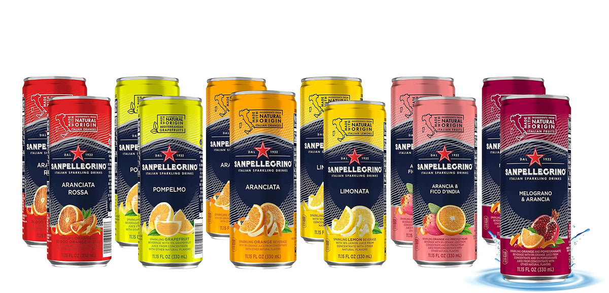 San Pellegrino Aranciata can with orange bubbles, ideal for pairing with light meals.