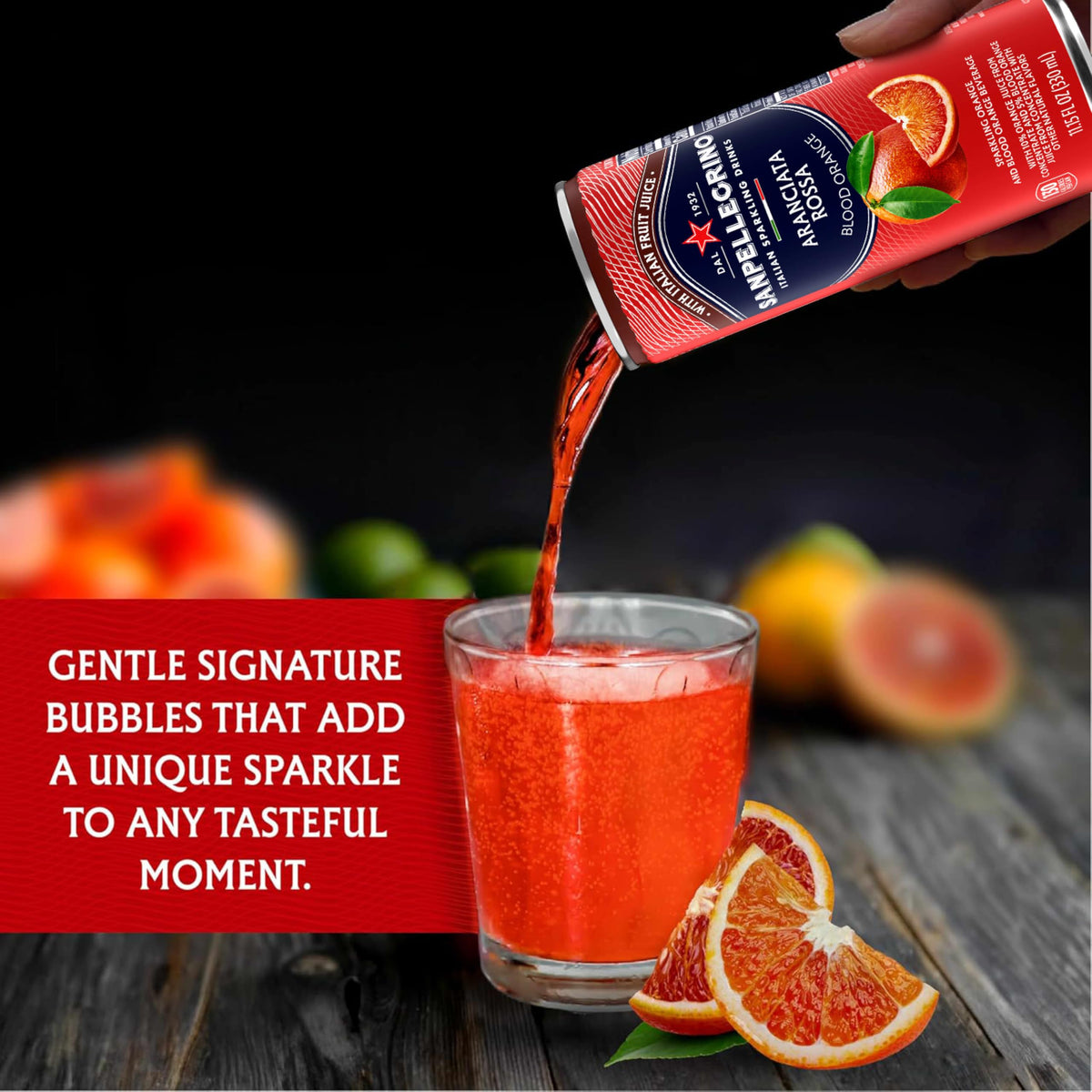 Bubbles in San Pellegrino Aranciata Rossa highlight natural juice flavor for a bright sip.