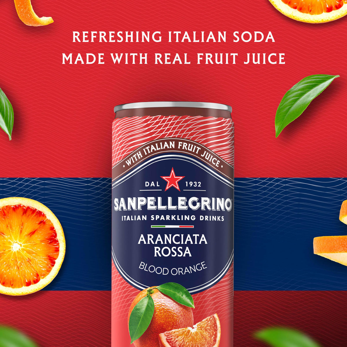 San Pellegrino Aranciata Rossa label close-up emphasizes no artificial sweeteners.