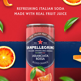 San Pellegrino Aranciata Rossa label close-up emphasizes no artificial sweeteners.