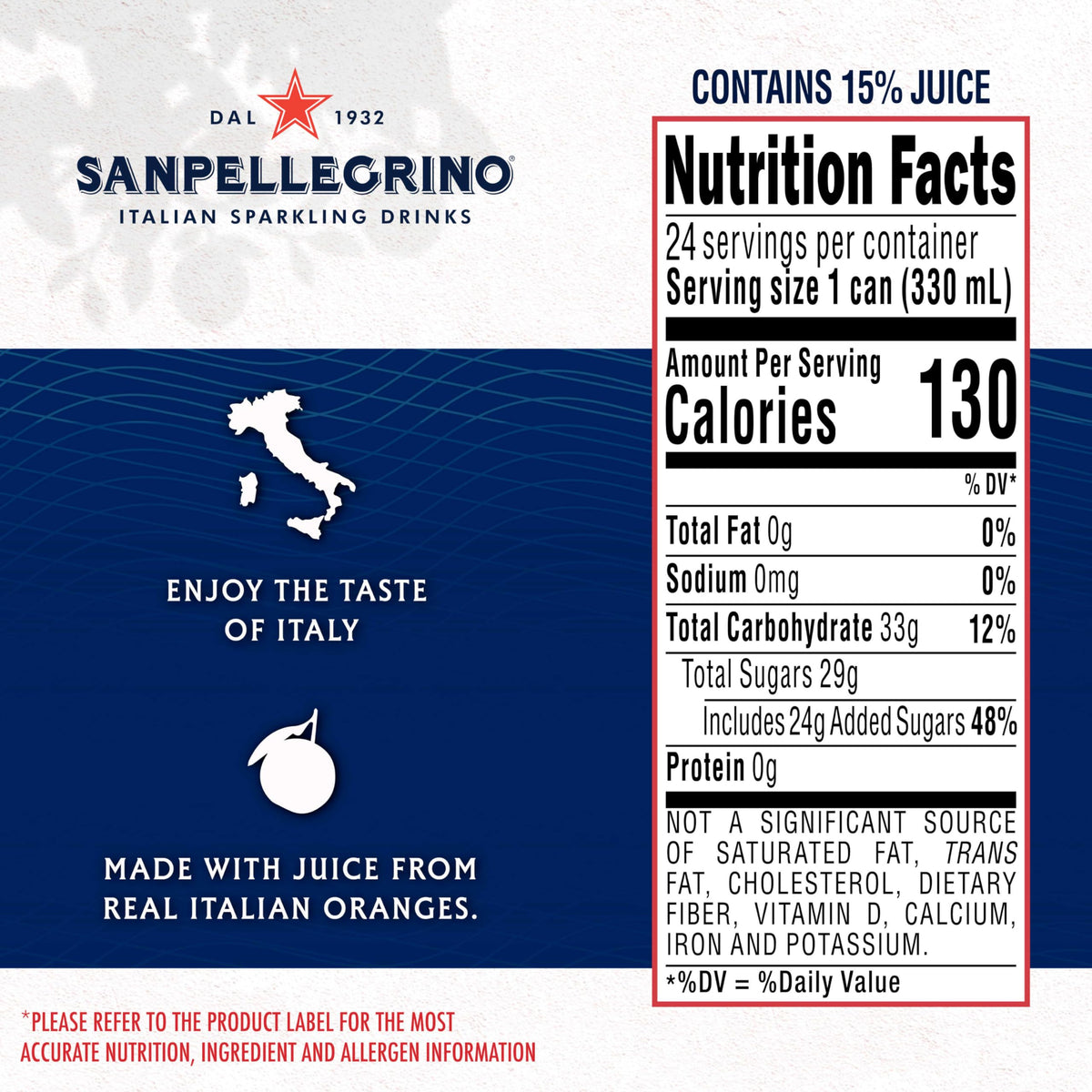 Pour of San Pellegrino Aranciata Rossa into glass for serving.