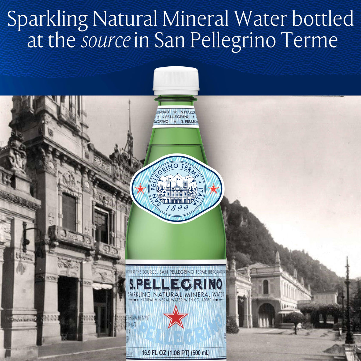 San Pellegrino bottle open close-up, showing fine bubbles