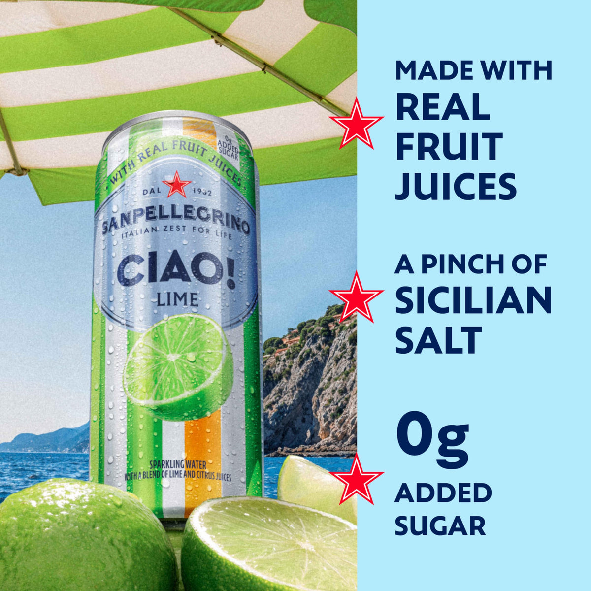 San Pellegrino CIAO Lime can closeup highlighting real lime juice.