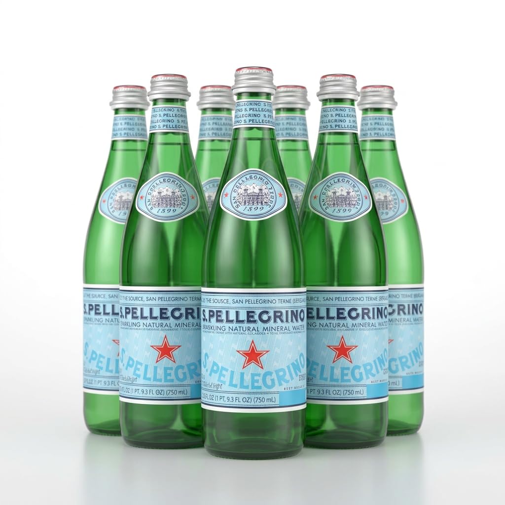 San Pellegrino sparkling water in a 750ml glass bottle, ideal for dining pairings.