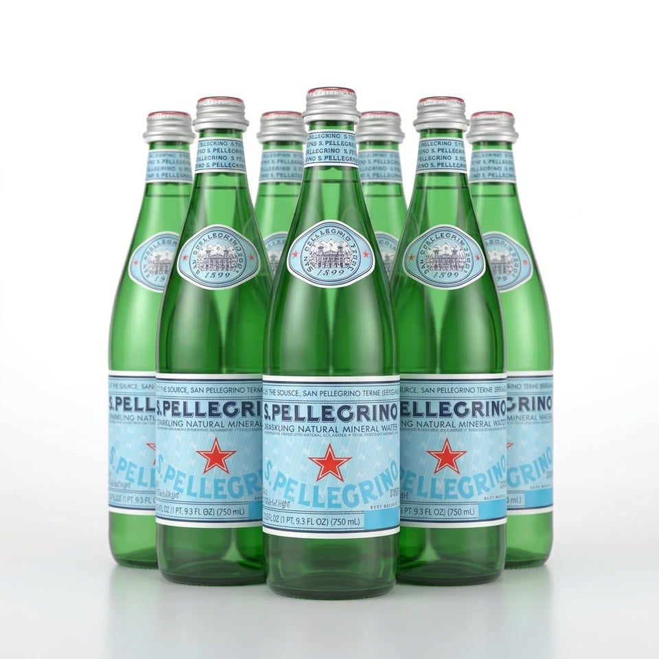 San Pellegrino sparkling water in a 750ml glass bottle, ideal for dining pairings.
