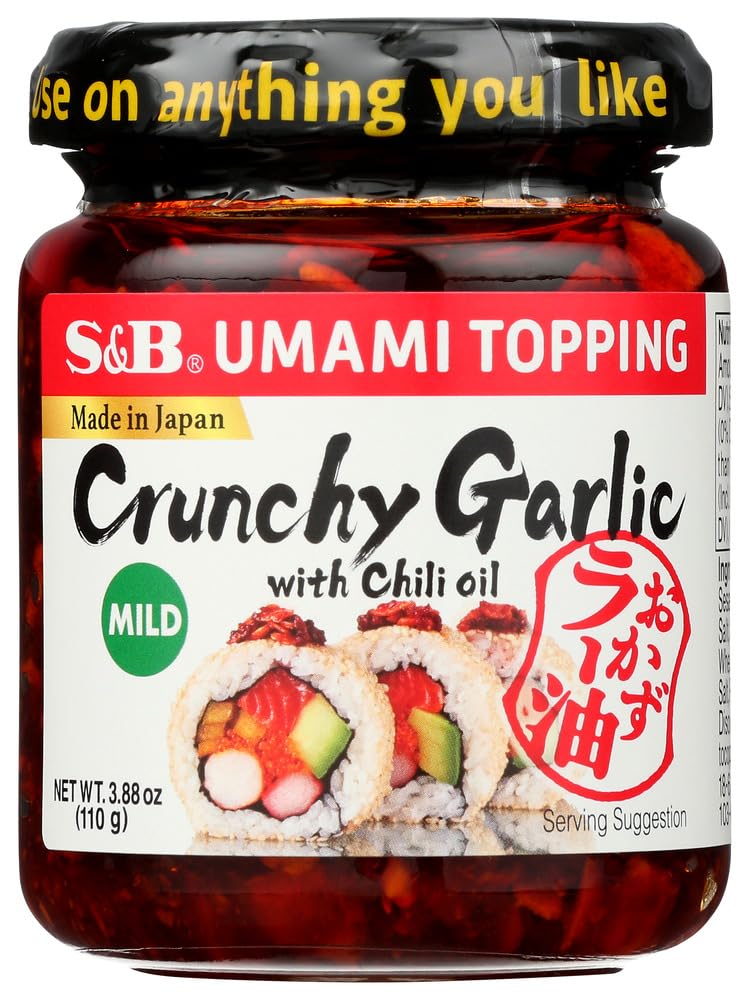 S&B chili oil with crunchy garlic in a resealable three-pack jar for fresh flavor.