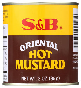 S&B Oriental Hot Mustard tin front, highlighting bold heat.