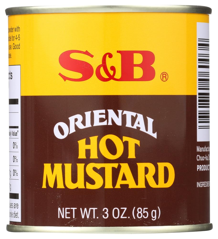 S&B Oriental Hot Mustard tin front, highlighting bold heat.