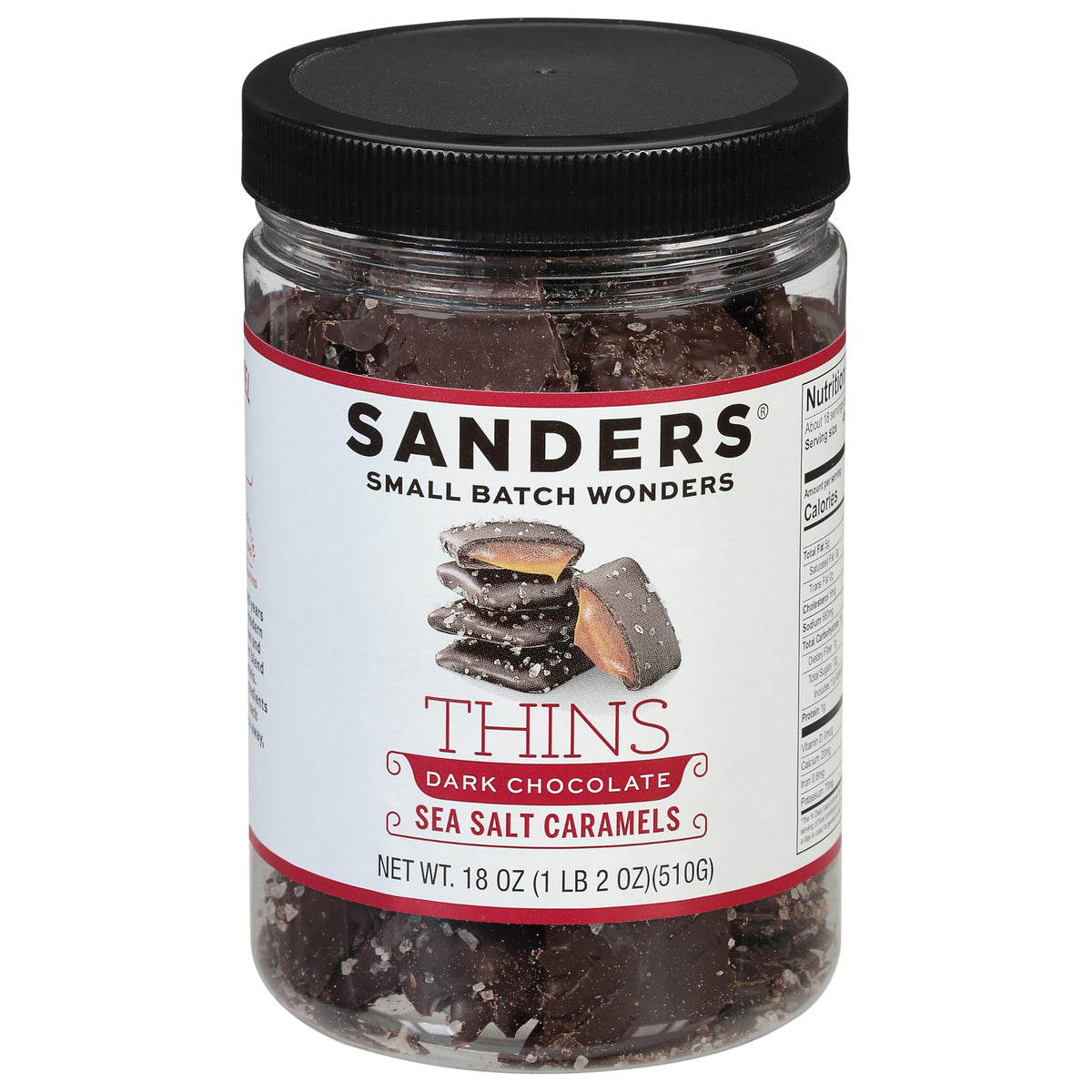 Sanders dark chocolate sea salt caramel thins, 18 oz tub, creamy indulgence for sharing