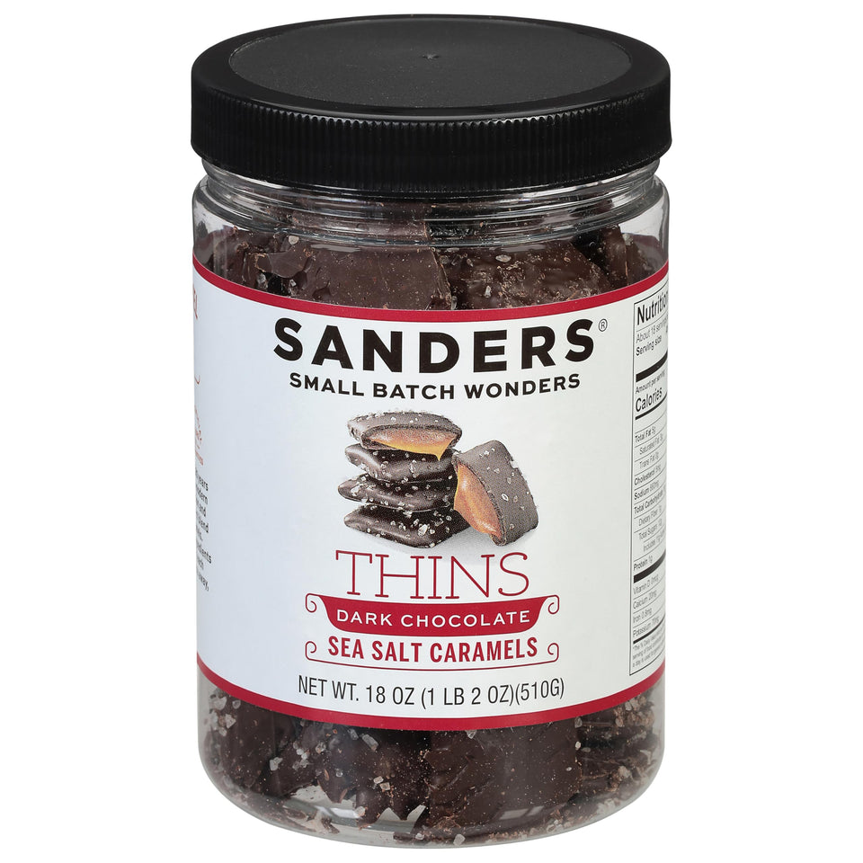 Sanders dark chocolate sea salt caramel thins, 18 oz tub, creamy indulgence for sharing