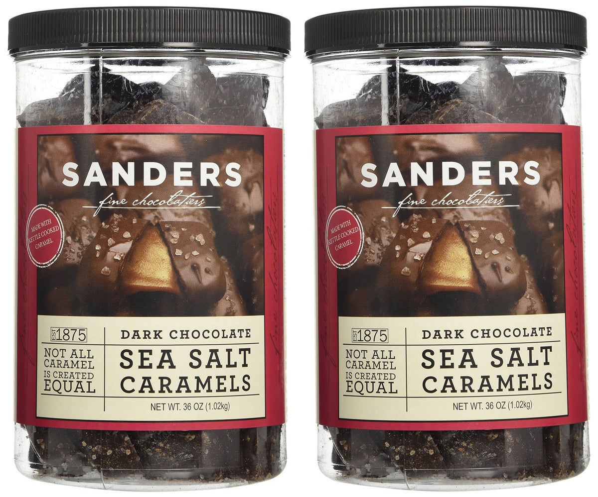 Sanders Dark Chocolate Sea Salt Caramels 36oz pack; indulgent treat to share.