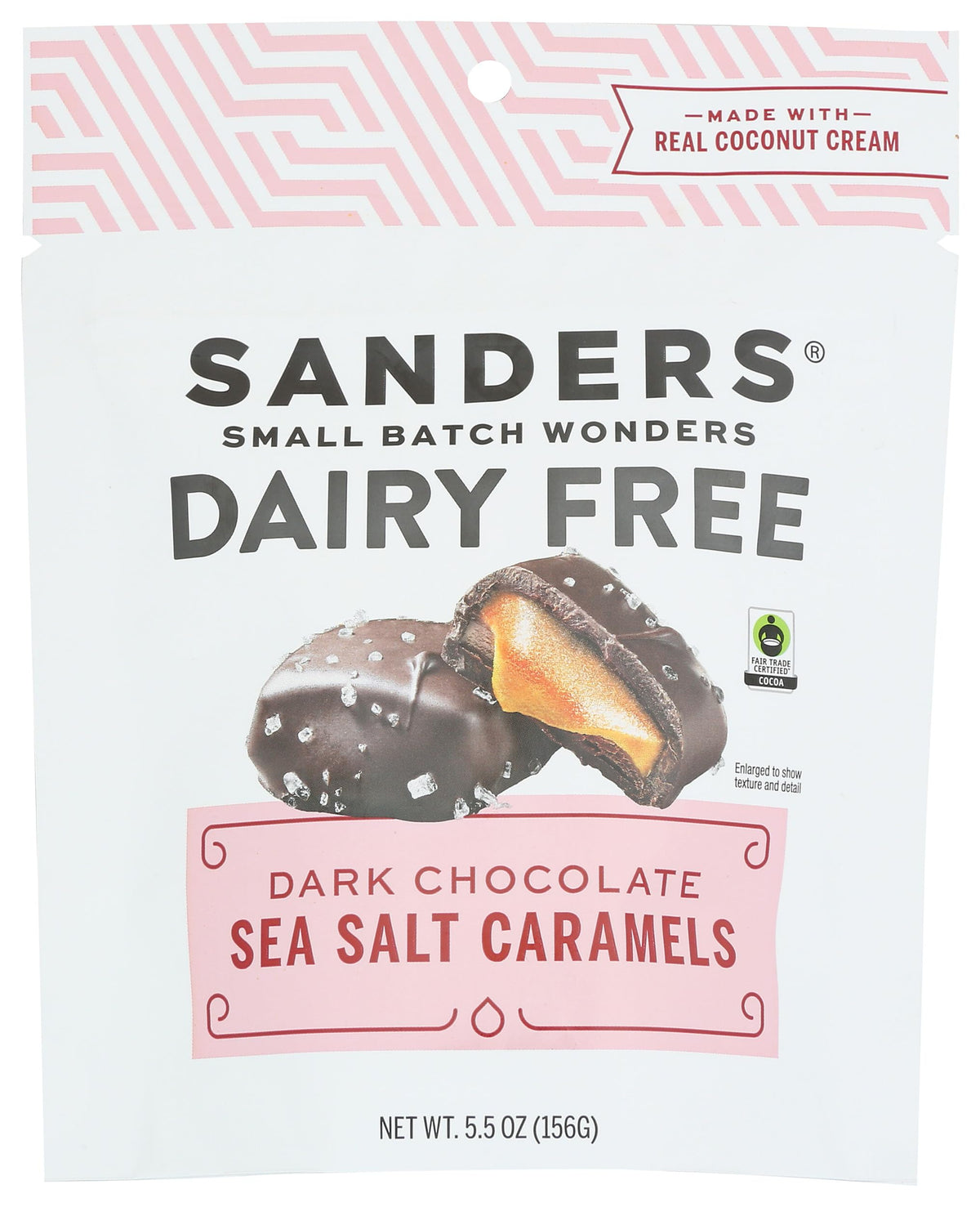 Sanders dark chocolate sea salt caramels in a 5.5 oz pack, dairy-free indulgence.