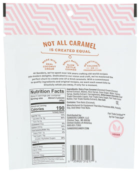 Close-up of Sanders vegan caramels showing silky texture with sea salt crystals.