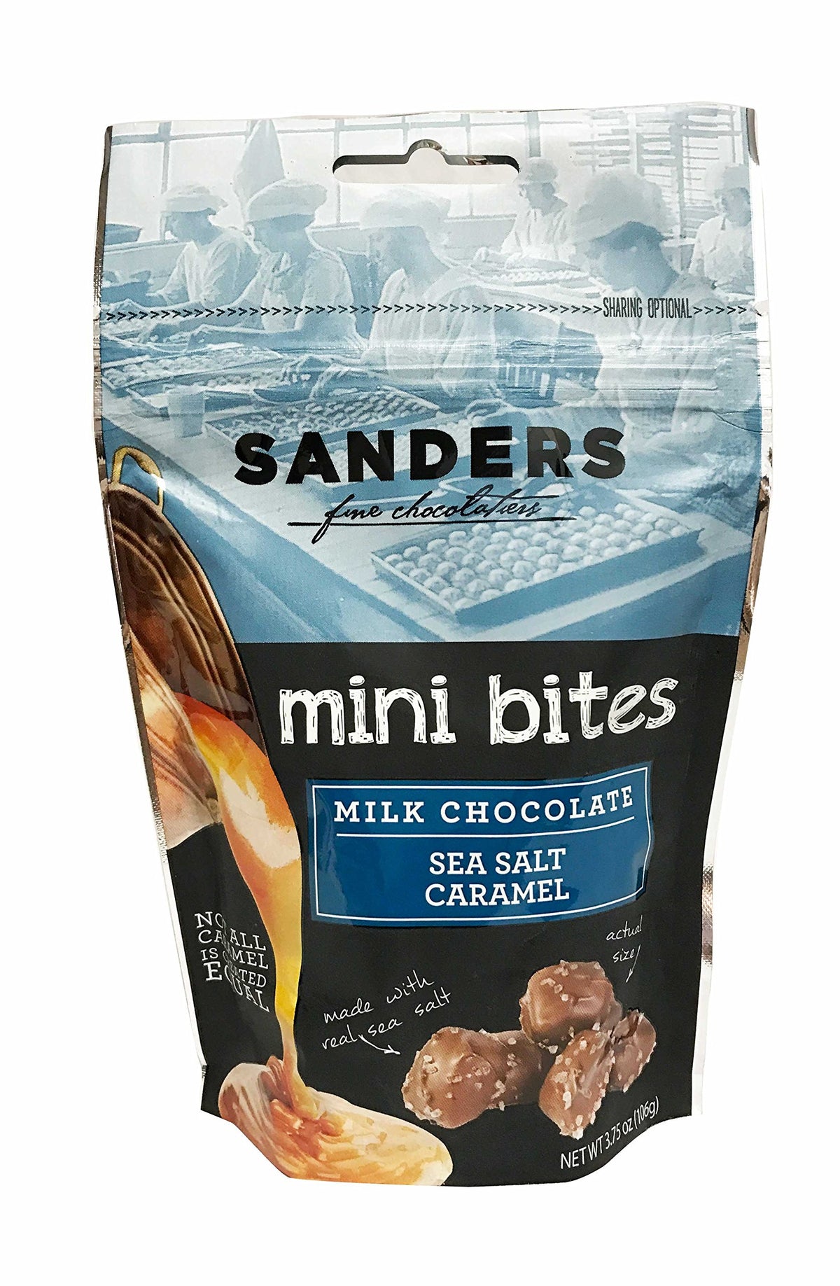 Sanders milk chocolate sea salt caramel mini bites in a resealable bag, perfect for gifting or snacking.