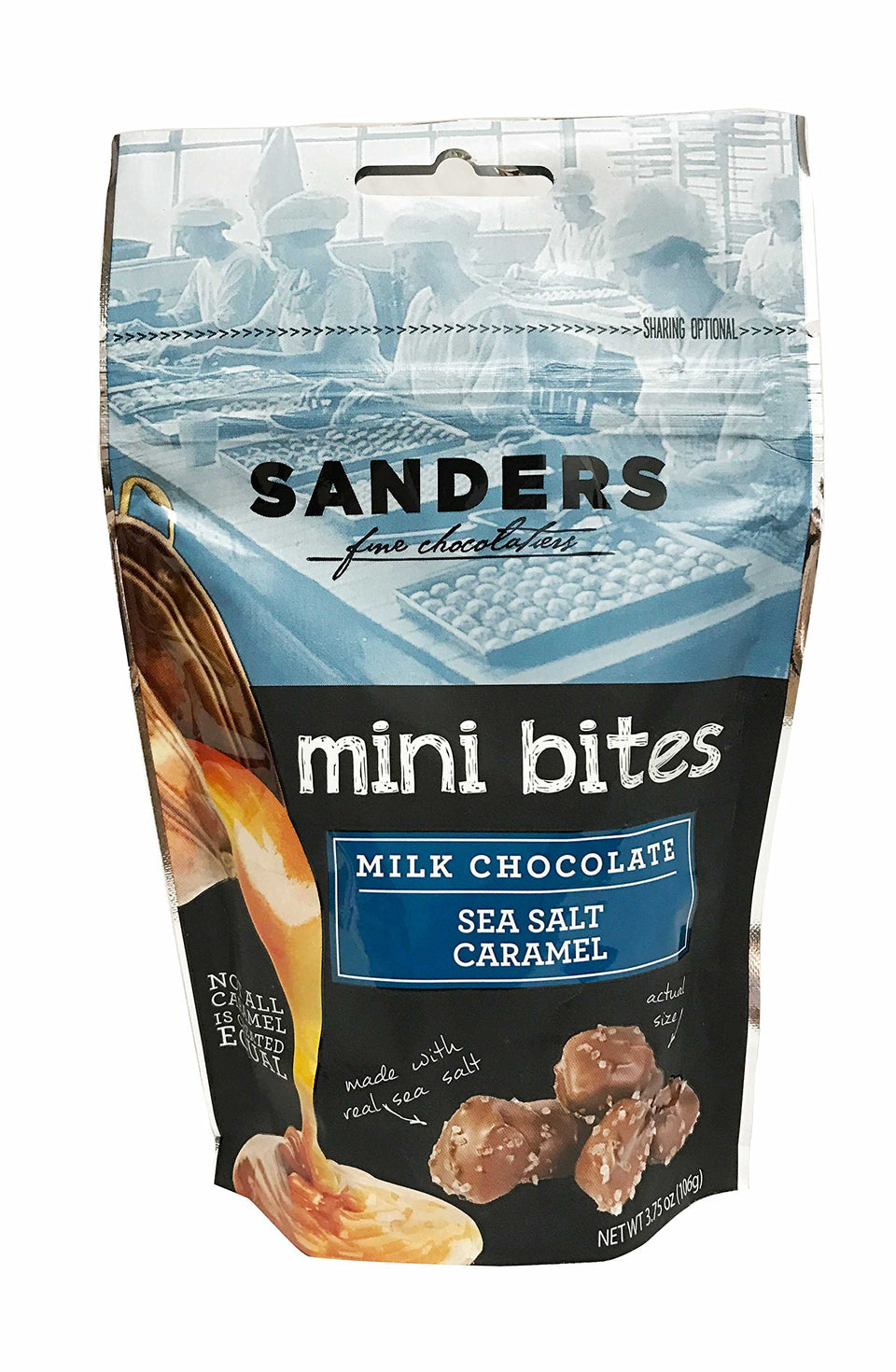 Sanders milk chocolate sea salt caramel mini bites in a resealable bag, perfect for gifting or snacking.