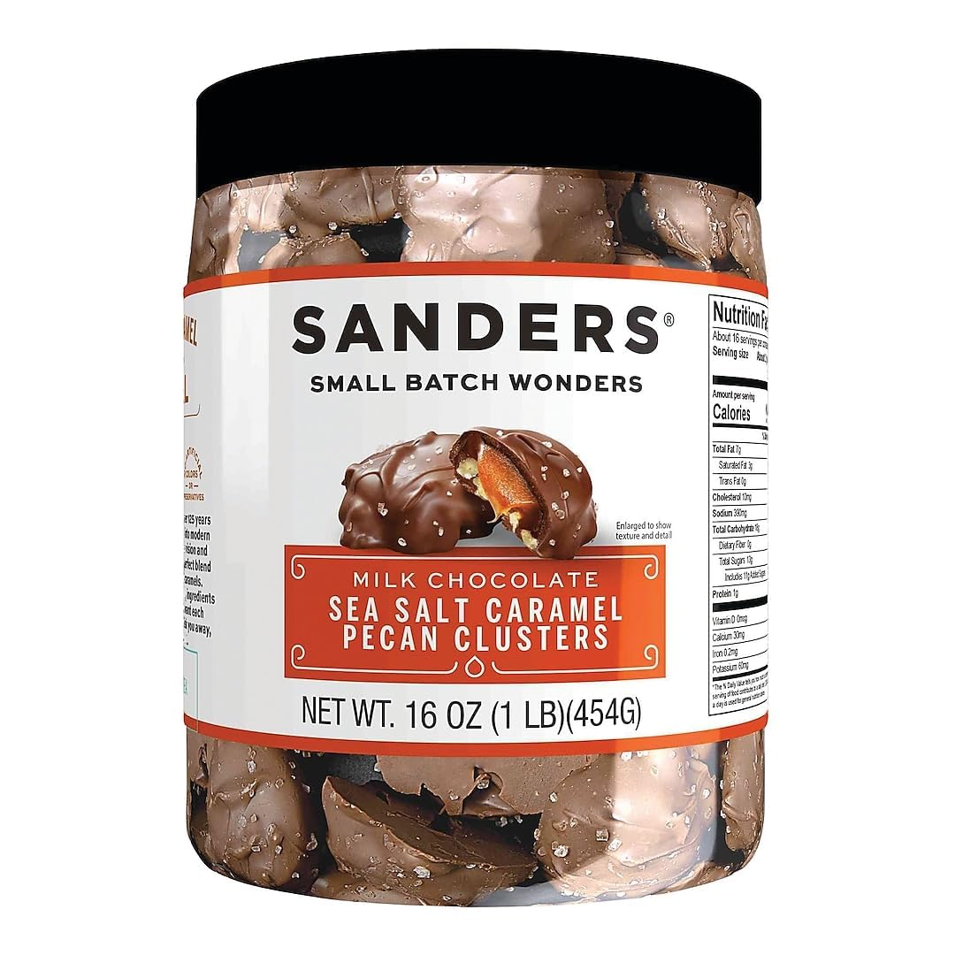 Sanders Milk Chocolate Sea Salt Caramel Pecan Clusters in a tub, ideal for gifting or indulgent snacking.