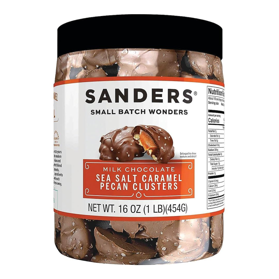 Sanders Milk Chocolate Sea Salt Caramel Pecan Clusters in a tub, ideal for gifting or indulgent snacking.