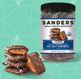 Sanders Milk Chocolate Sea Salt Caramel Thins close-up reveals caramel layer under silky milk chocolate.