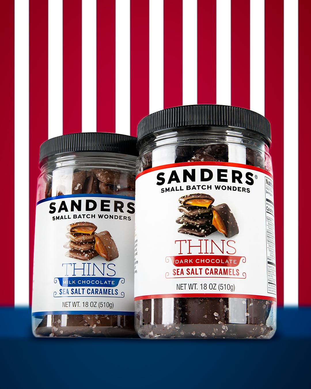 Sanders Milk Chocolate Sea Salt Caramel Thins piece shows a thinner bite for mindful indulgence.