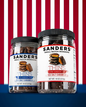 Sanders Milk Chocolate Sea Salt Caramel Thins piece shows a thinner bite for mindful indulgence.